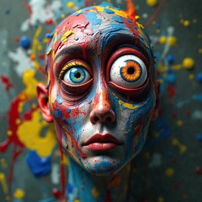 The primary subject of the image is a face with a blue and yellow background. The face is painted with a mix of blue and yellow colors, giving it a unique and vibrant appearance. The face is also adorned with a pair of large, round, and colorful eyes, which further enhance the visual style of the image. The overall atmosphere of the image is playful and creative, as it showcases a face with a distinctive and eye-catching design.